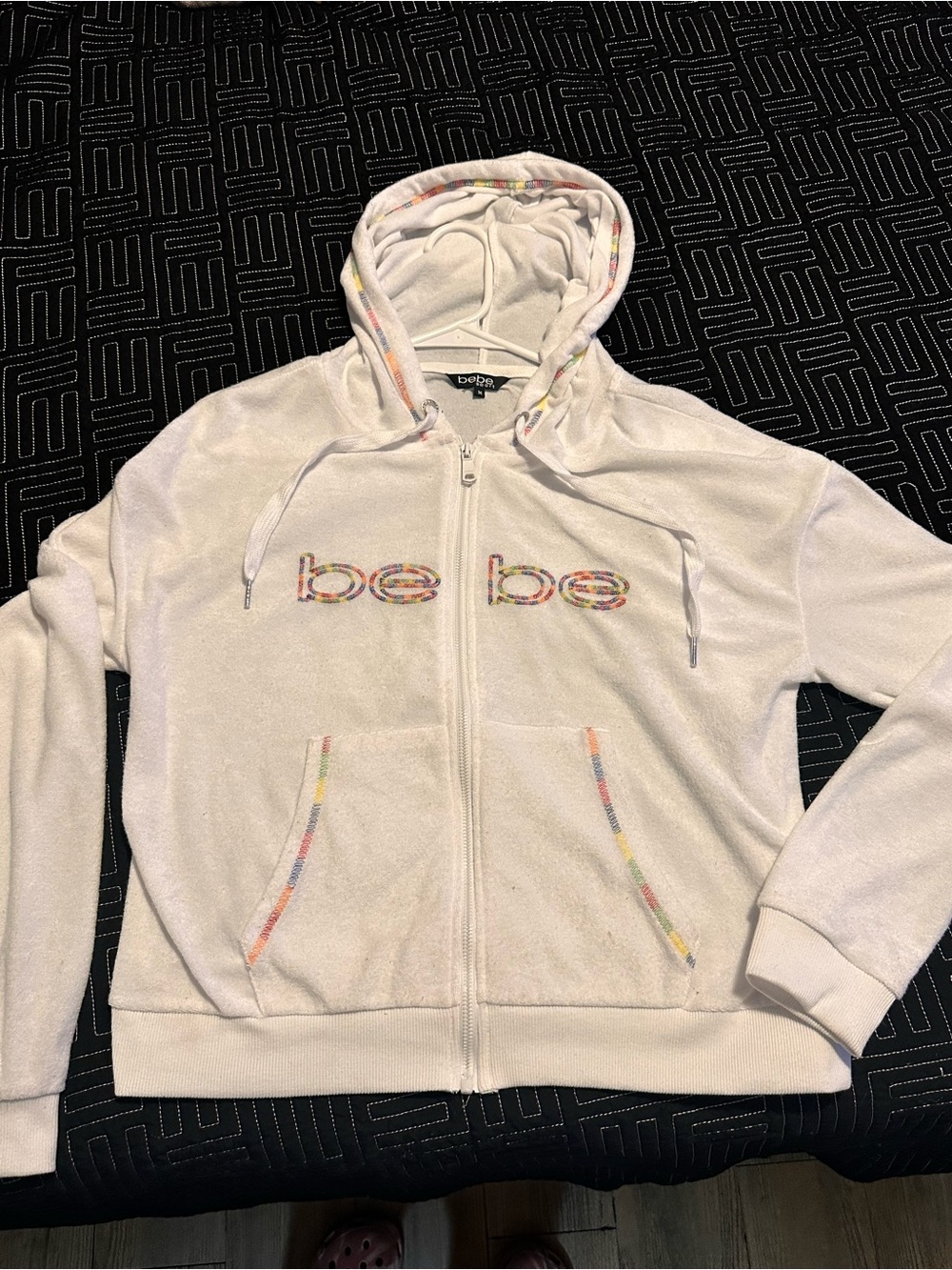 bebe White Zip Hoodie with Rainbow Trim and Logo